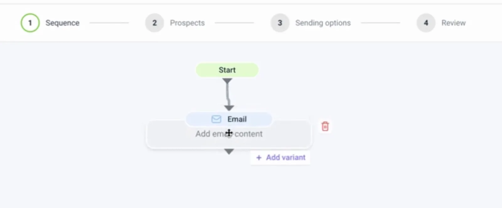 Snov.io campaign Sequence step with a Start node and an Email step reading Add email content