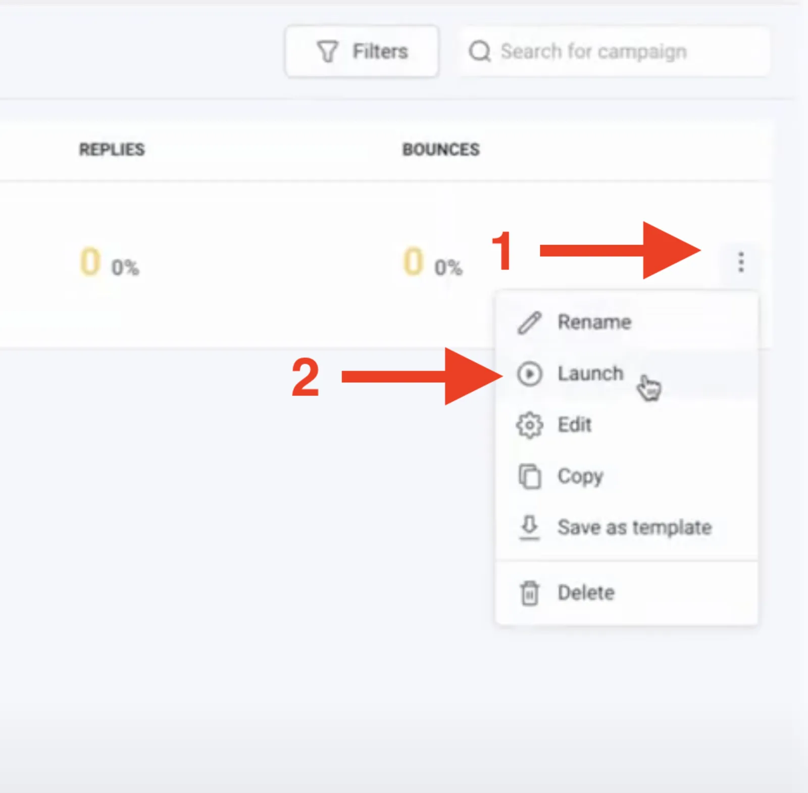 Snov.io campaign row menu open with Rename, Launch, Edit, Copy, Save as template and Delete