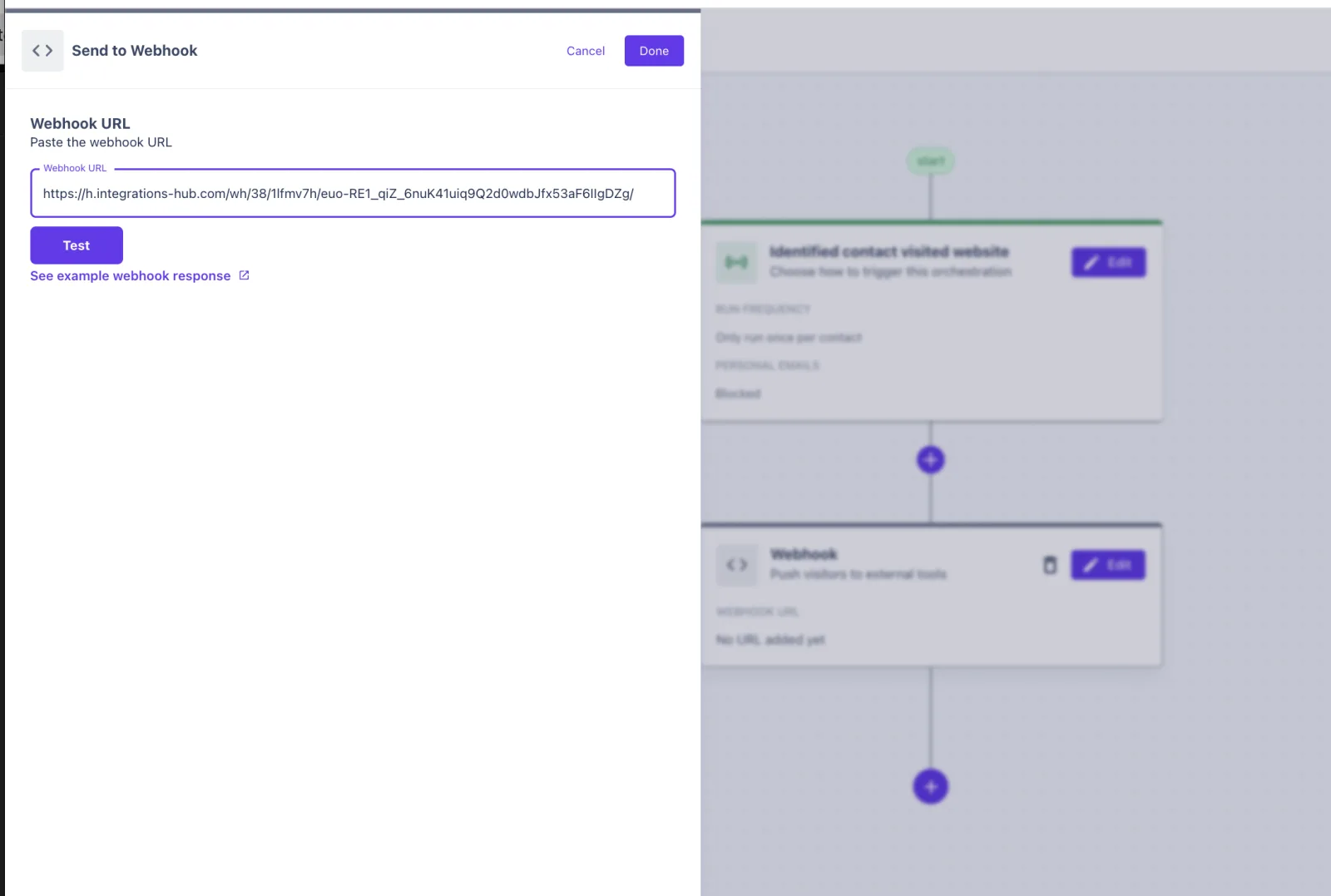 Warmly Send to Webhook panel with a pasted webhook URL and a Test button