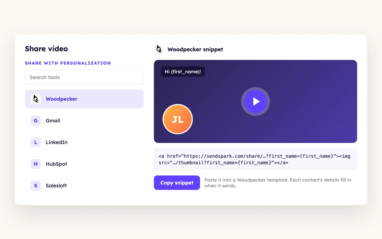 Sendspark share modal with Woodpecker selected under Share with Personalization and a Copy snippet button