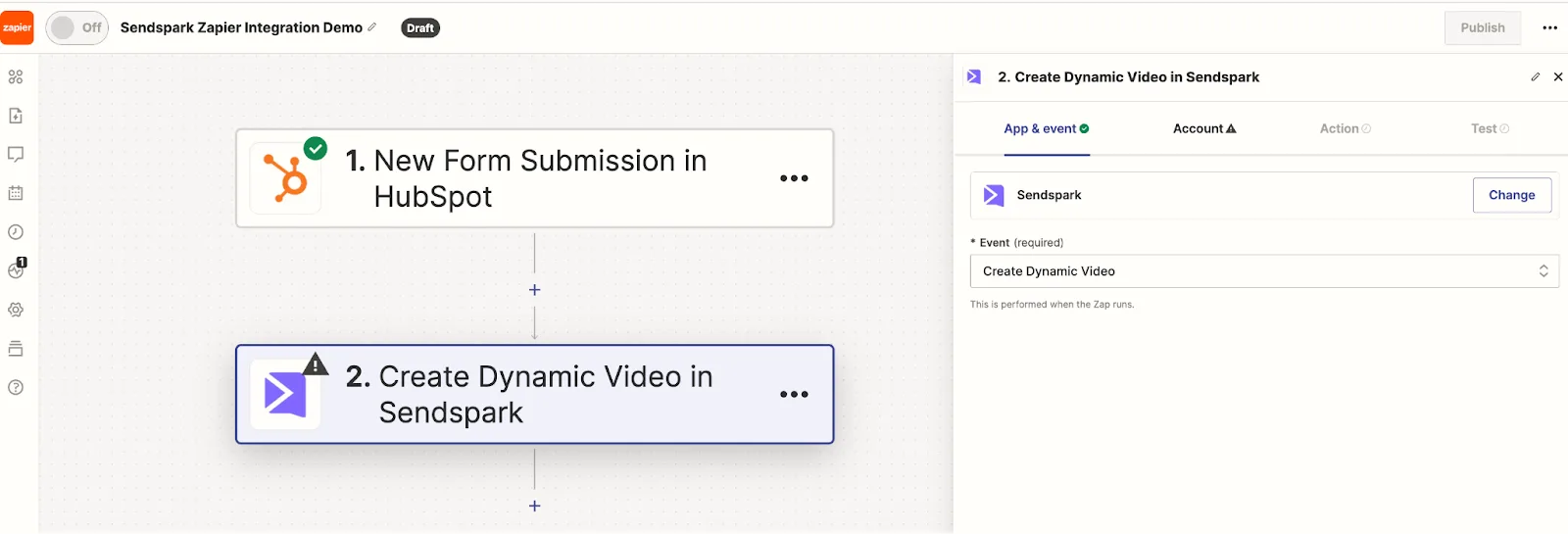 A Zap with a HubSpot form trigger and the Sendspark Create Dynamic Video action selected in the side panel