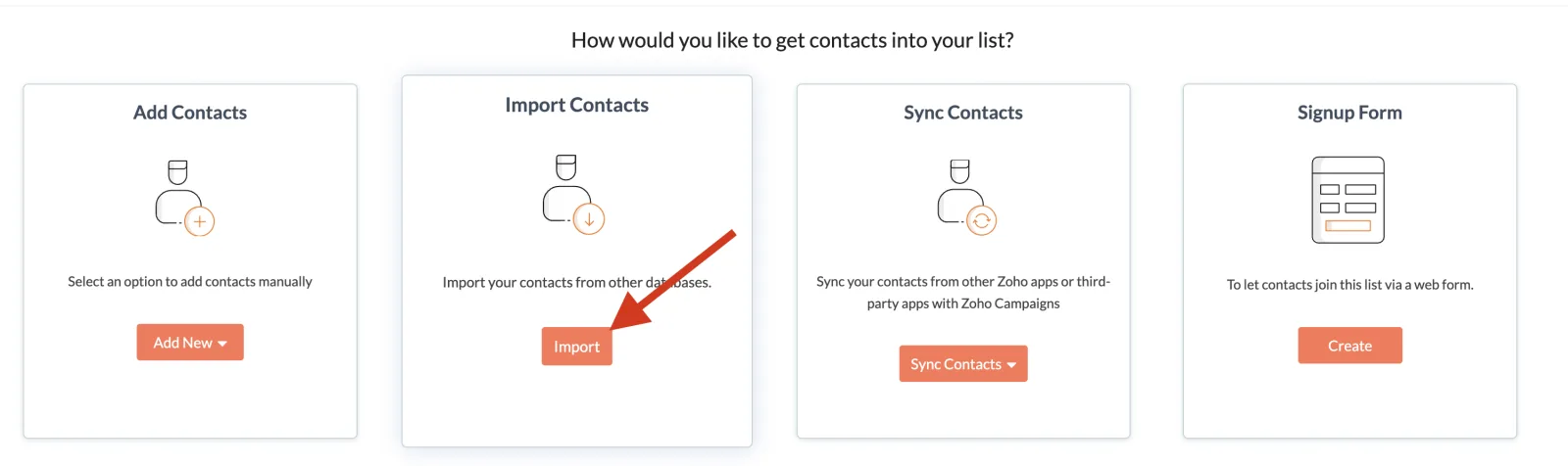Zoho list setup asking how to get contacts into your list, with the Import button on the Import Contacts card