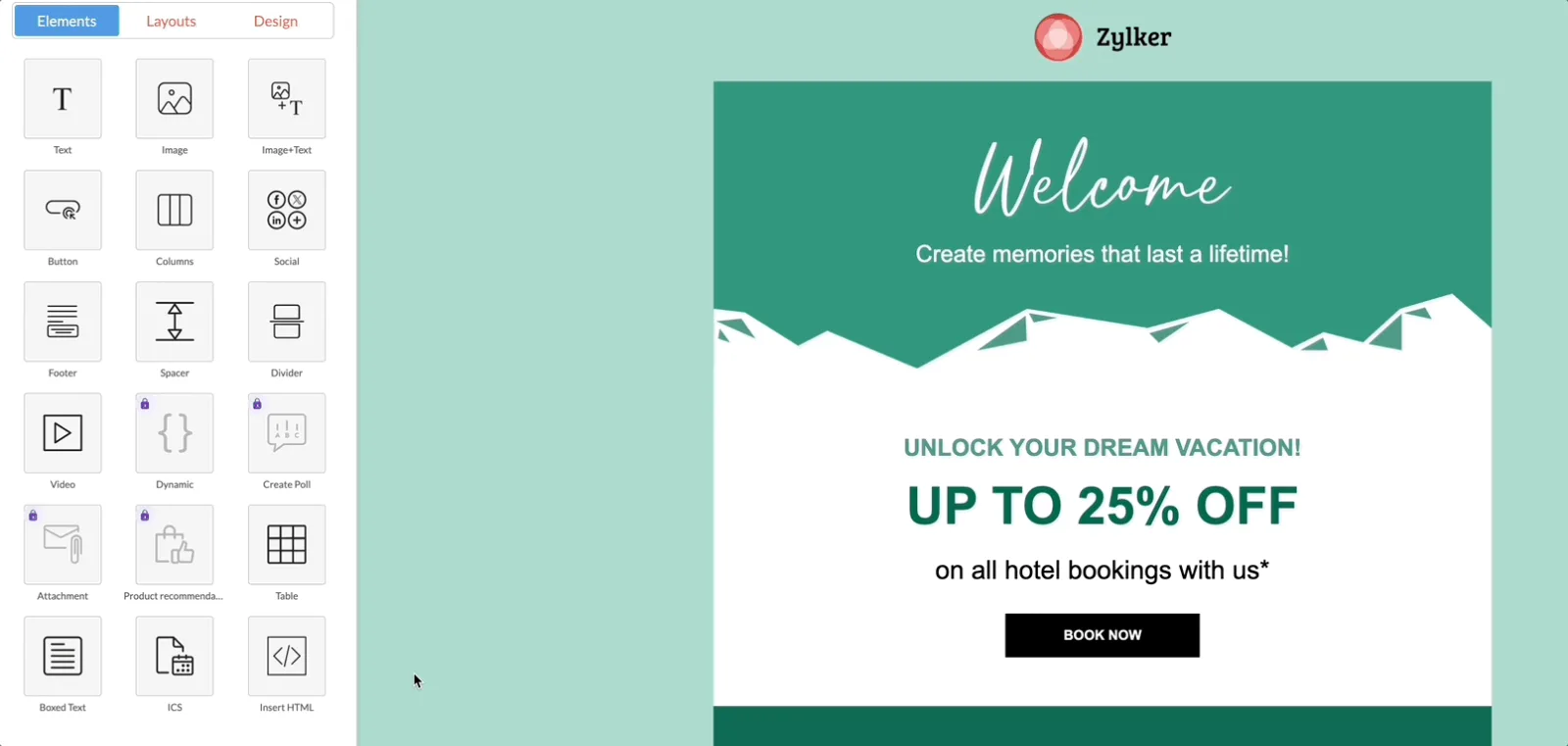 Zoho email template editor with the Elements panel showing the Insert HTML element