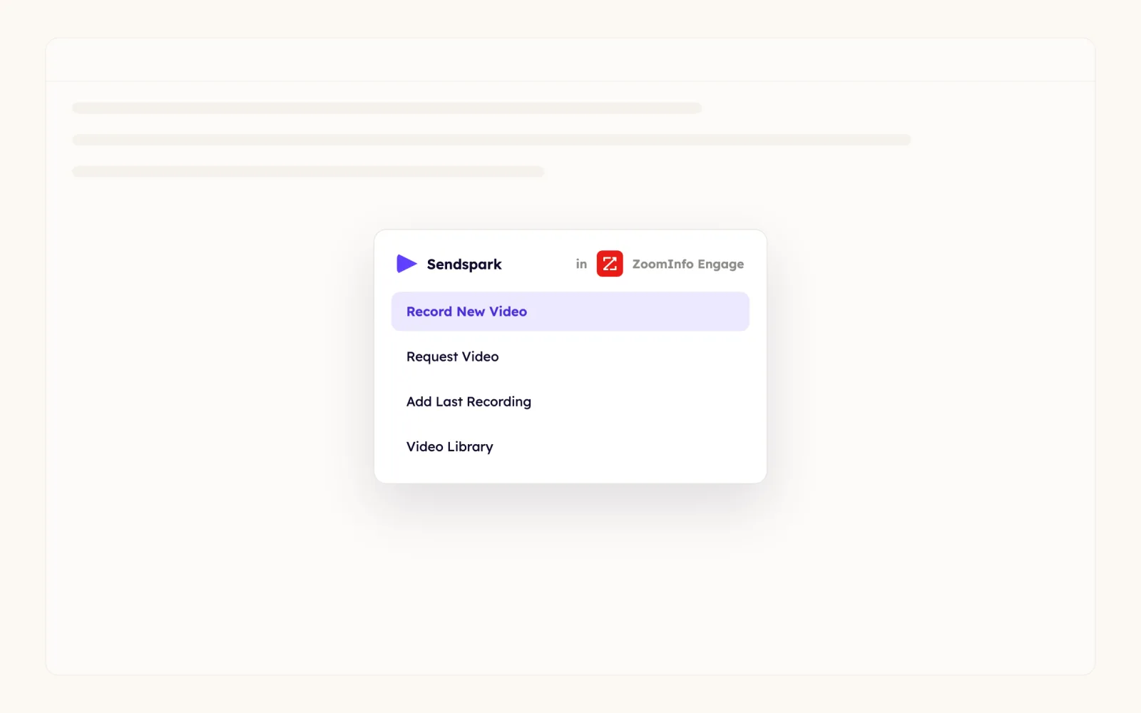 Sendspark menu in the ZoomInfo Engage composer with Record New Video, Request Video, Add Last Recording and Video Library