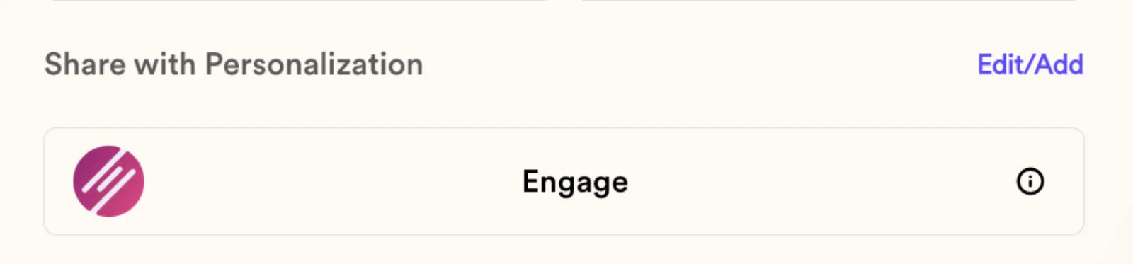 Share with Personalization section of the Sendspark share modal showing the Engage option