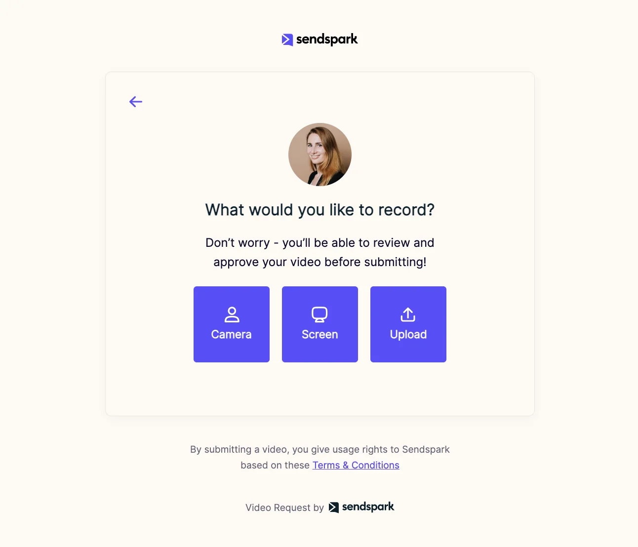 Sendspark video request page asking What would you like to record, with Camera, Screen and Upload buttons