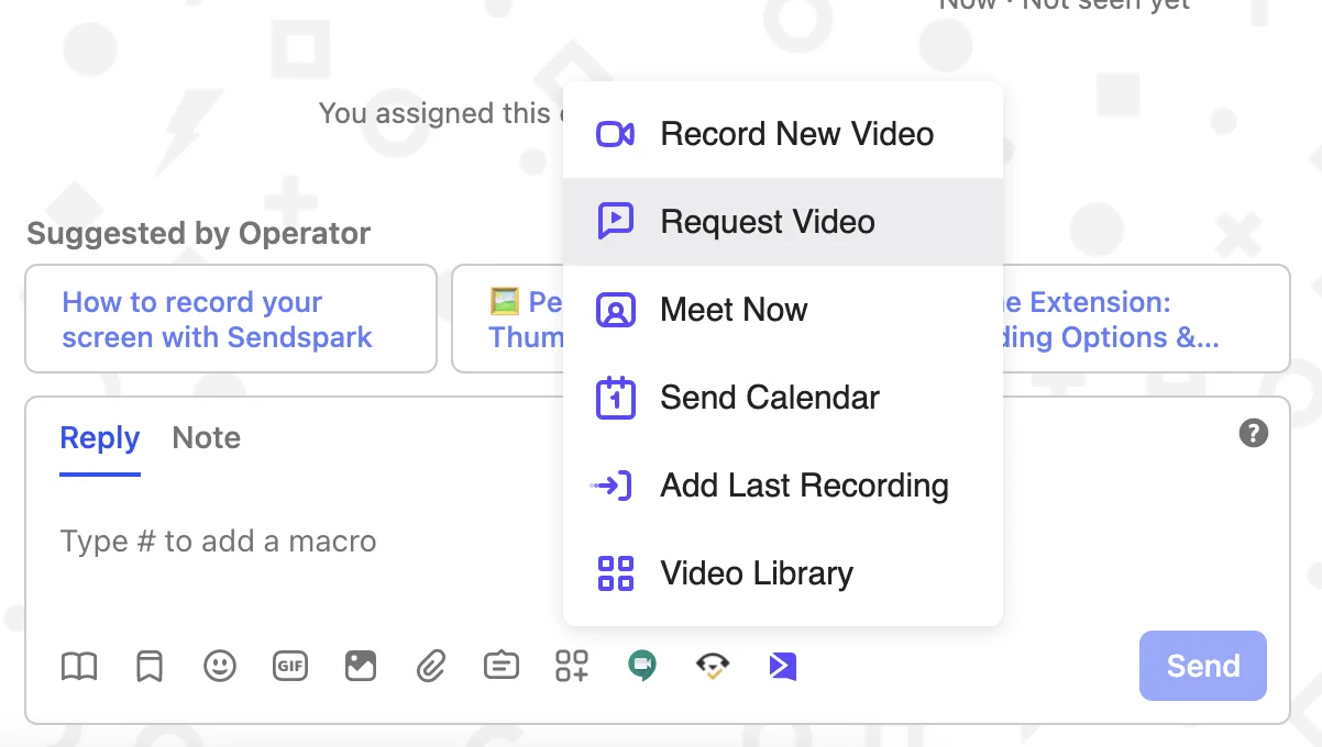 Sendspark menu inside an Intercom reply with Request Video highlighted, plus Record New Video and Video Library