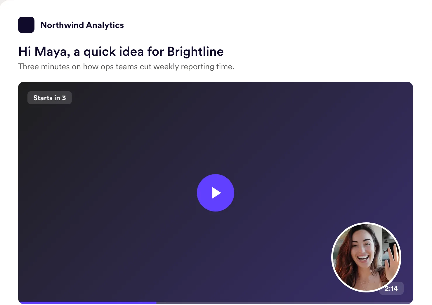 Landing page with the Northwind Analytics logo, a personalized Hi Maya header and message above the video