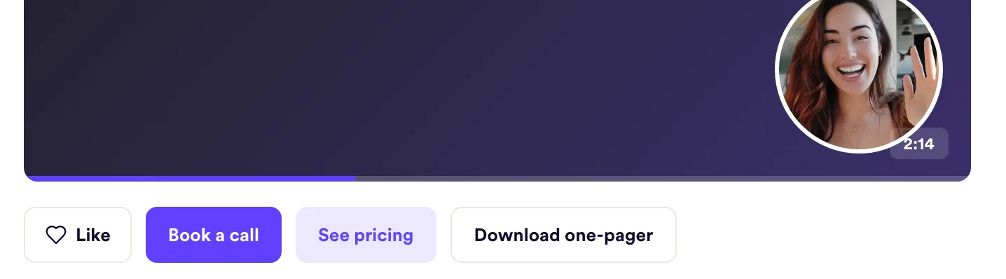Like, Book a call, See pricing and Download one-pager buttons under the video