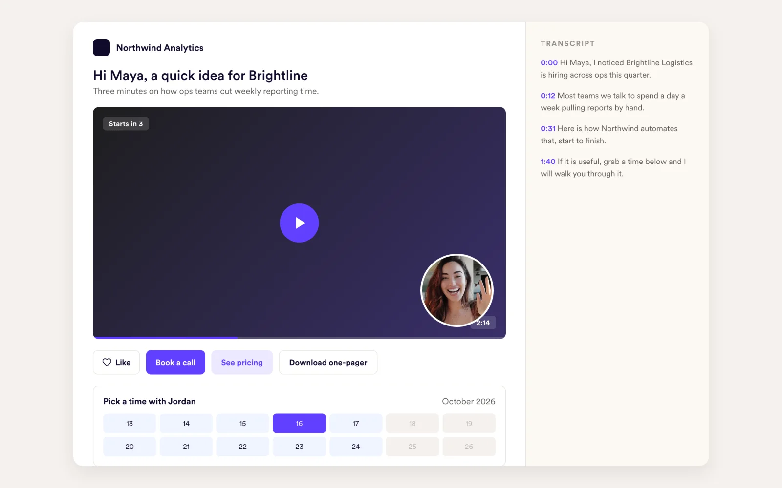 Branded Sendspark video landing page with a header, the video, Like and Book a call buttons, a calendar and a transcript