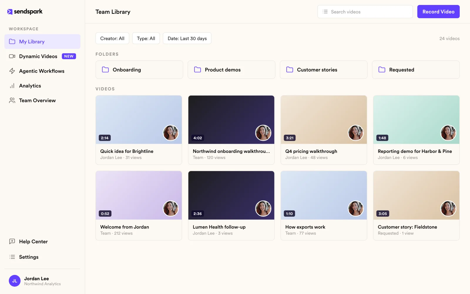 Sendspark team library with a Requested folder and a requested customer story video