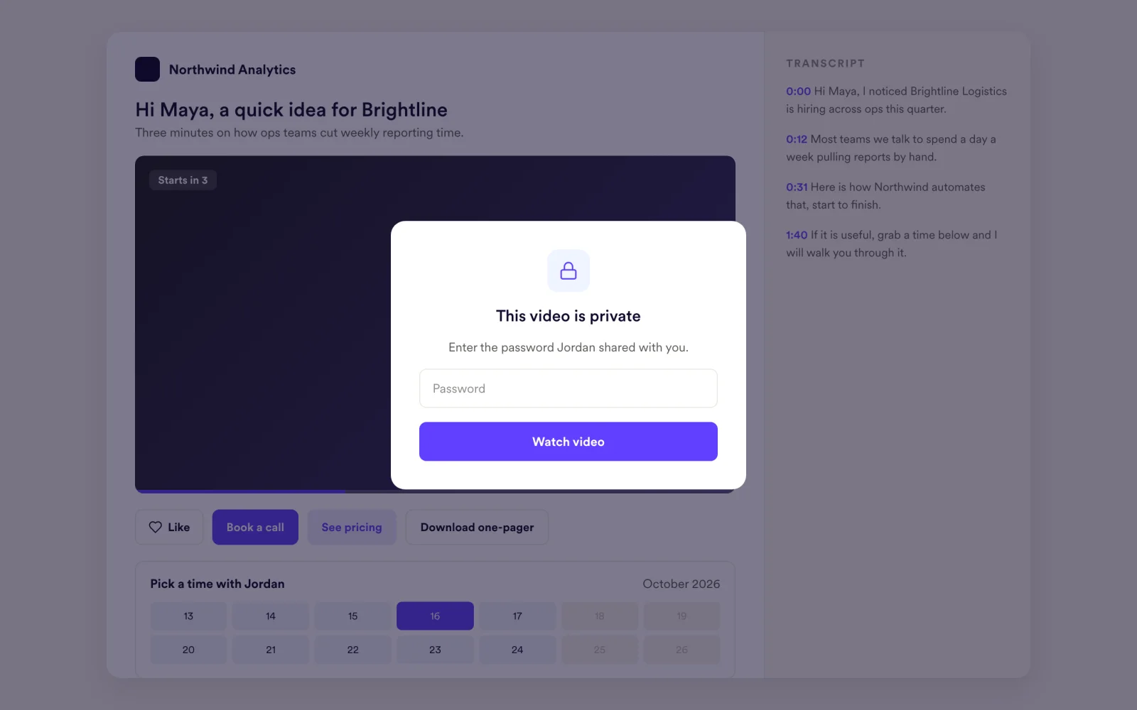Password prompt over a private Sendspark video, with the viewer transcript panel beside it