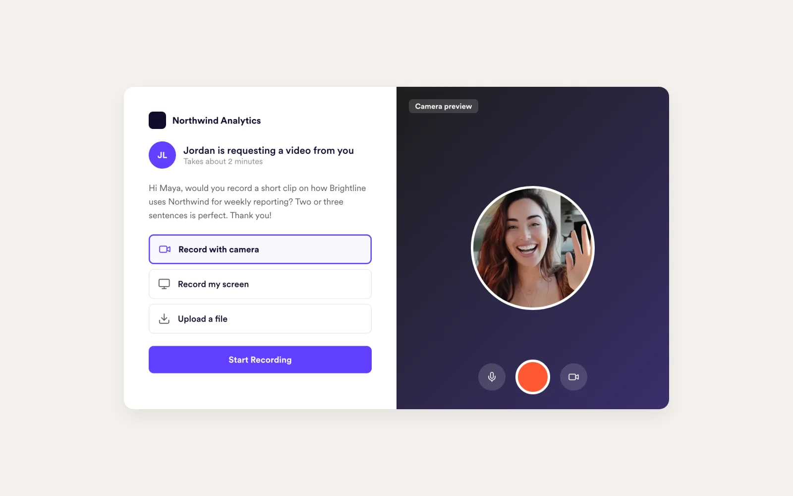 Video request page where Jordan asks Maya for a short clip, with camera, screen and upload options and a camera preview