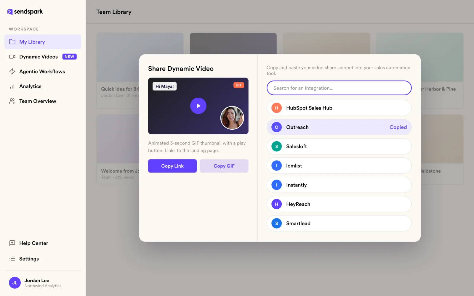 Sendspark Share Dynamic Video modal with a GIF thumbnail preview, Copy Link, Copy GIF and a list of sales tools
