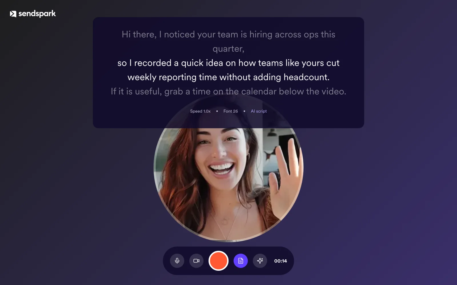 Sendspark recorder with a teleprompter script, speed and font settings above the camera and the record toolbar