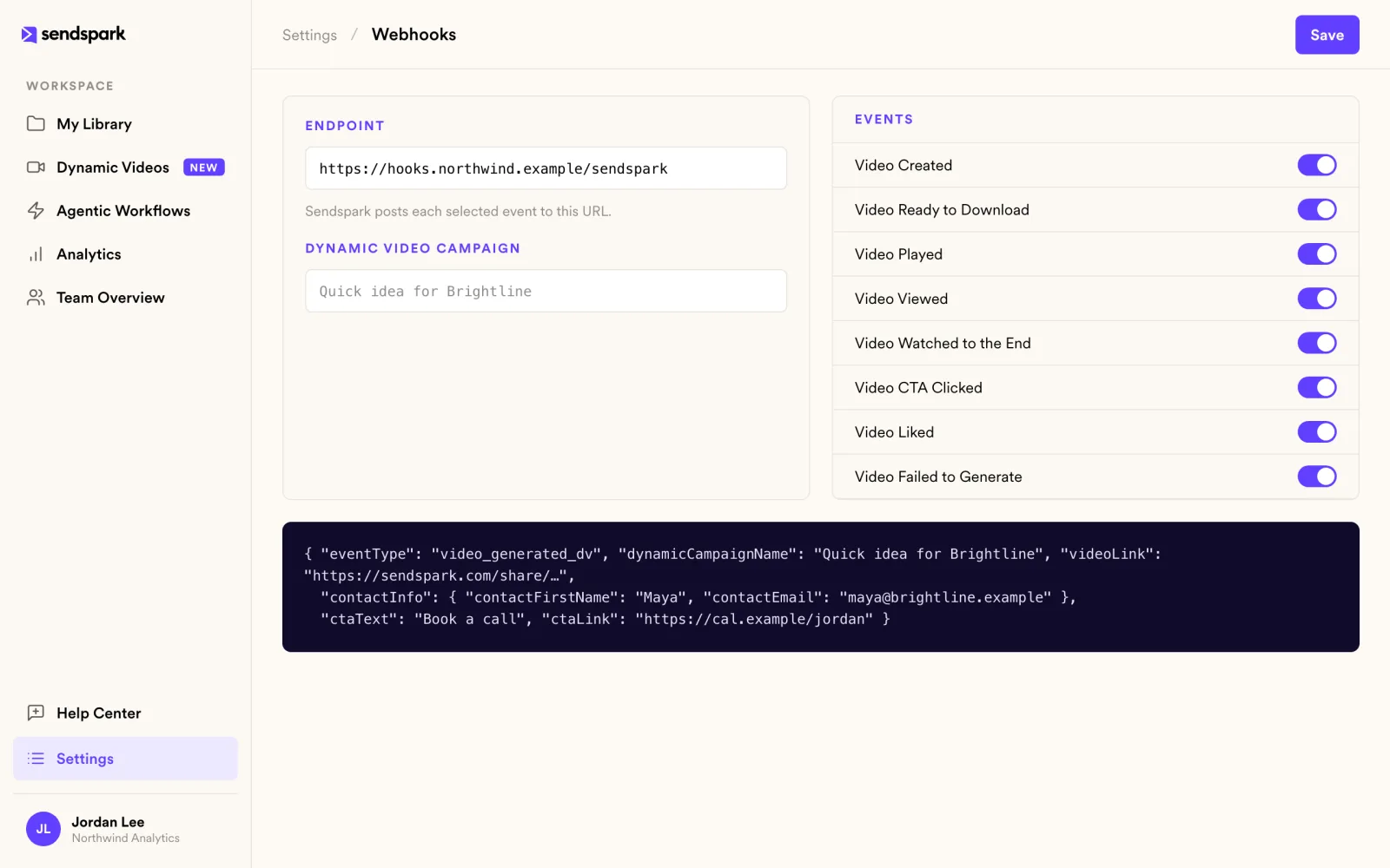 Webhook settings with an endpoint URL, eight event toggles from Video Created to Video Failed to Generate, and a sample JSON payload