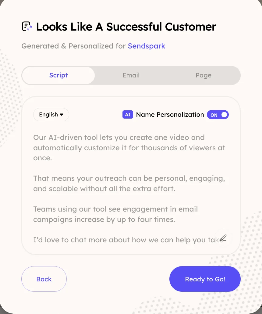 AI-generated video script dialog with Script, Email and Page tabs, language picker and AI name personalization