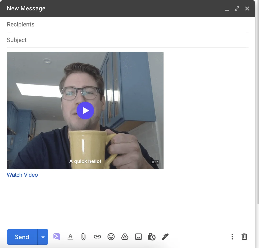 Gmail compose window with a Sendspark video thumbnail and Watch Video link, and the Sendspark icon in the toolbar