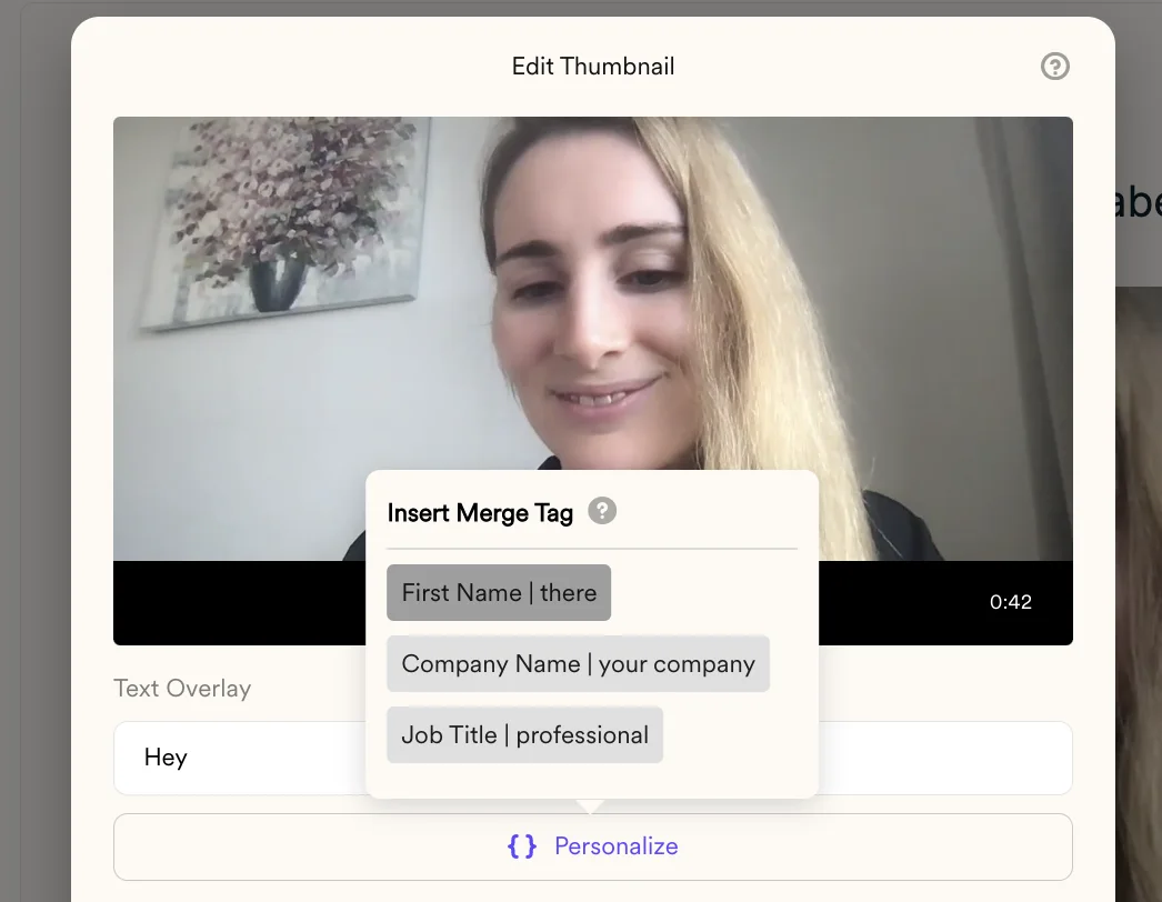 Edit Thumbnail modal with the Personalize menu listing First Name, Company Name and Job Title merge tags