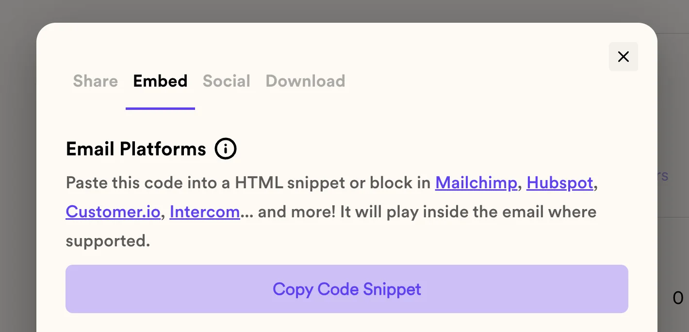 Sendspark share modal Embed tab for email platforms with a Copy Code Snippet button