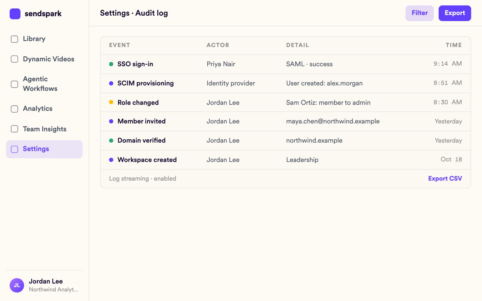 Audit log listing SAML sign-ins, SCIM provisioning, role changes and domain verification