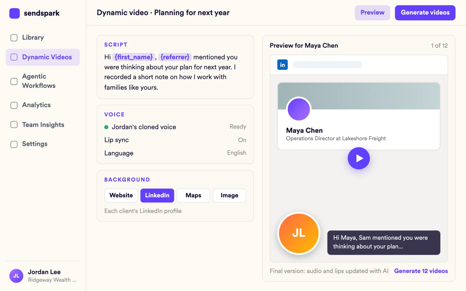 Dynamic video editor with name and referrer variables, Jordan's cloned voice and Maya Chen's LinkedIn profile
