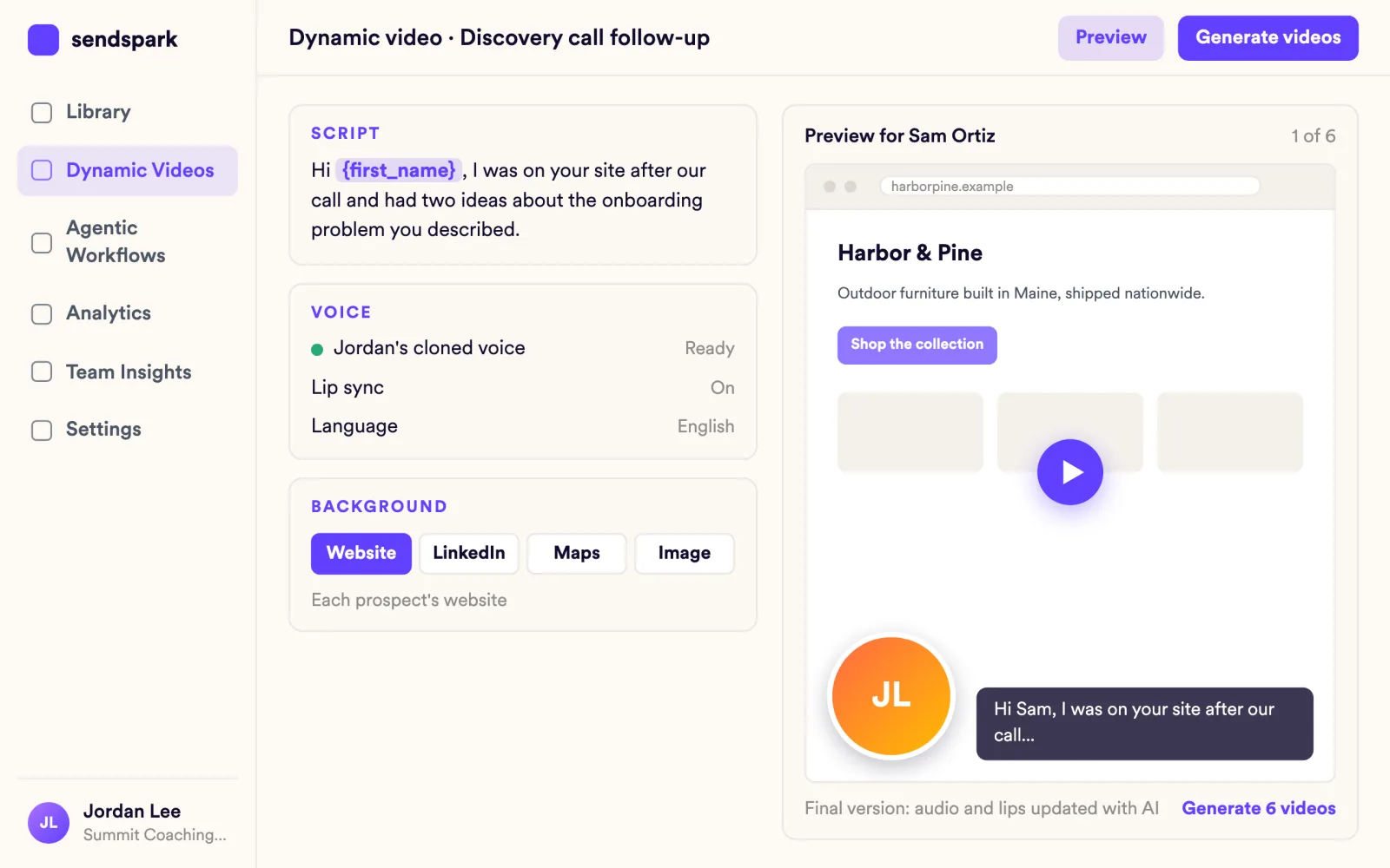Dynamic video editor with a first name variable, Jordan's cloned voice and Sam Ortiz's website behind him