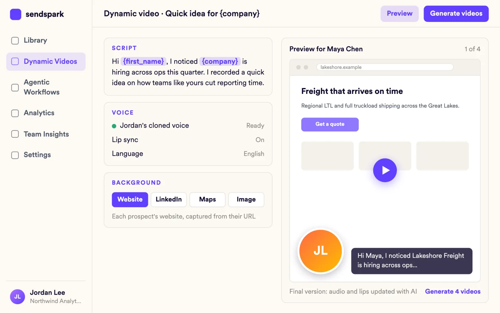 Dynamic video editor: first name and company variables, Jordan's cloned voice, Maya Chen's website behind him