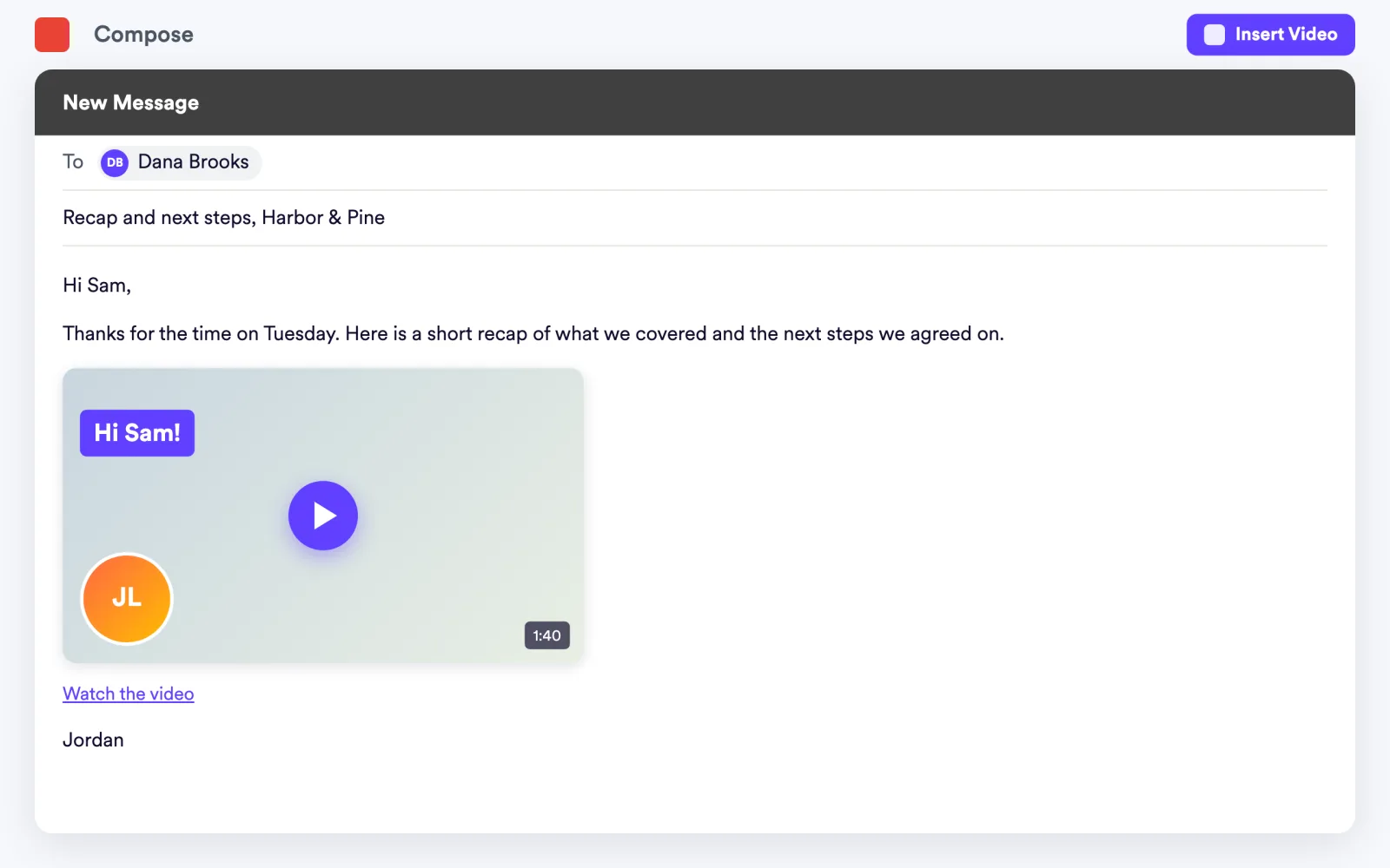 Gmail compose with an inserted Sendspark video: animated GIF thumbnail greeting Dana Brooks by name, Insert Video button