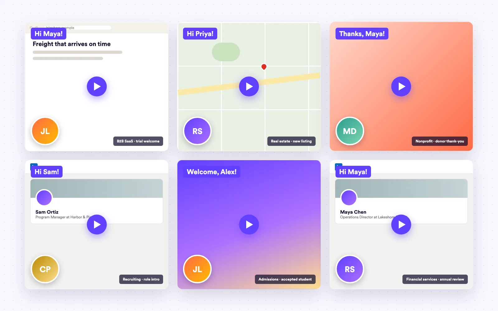 Mosaic of personalized video thumbnails greeting a SaaS trial user, a home buyer, a donor and a candidate by name