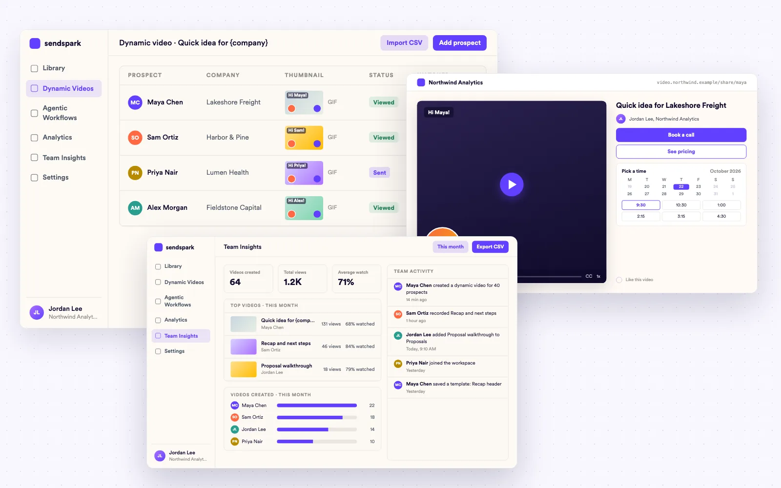 Three overlapping Sendspark screens: a prospect list with personalized thumbnails, a branded video page and Team Insights