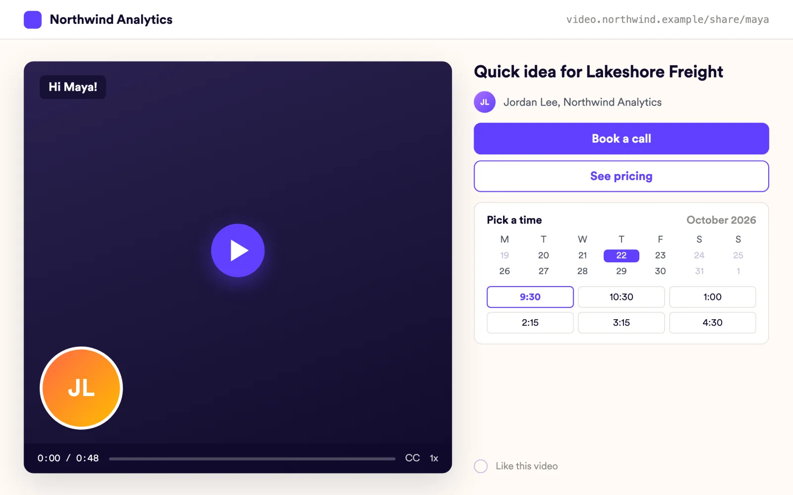 Branded video page on video.northwind.example for Maya Chen with Book a call and an embedded calendar