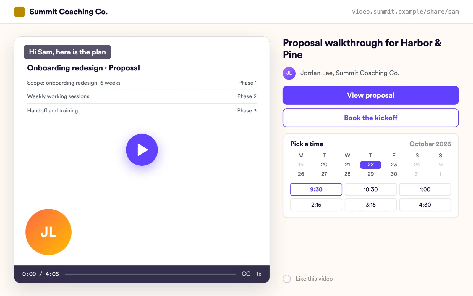 Summit Coaching Co. video page for Sam with View proposal, Book the kickoff and an embedded calendar