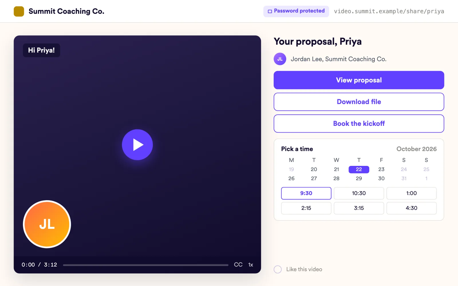 Password-protected proposal page with View proposal, Download file and Book the kickoff beside a calendar