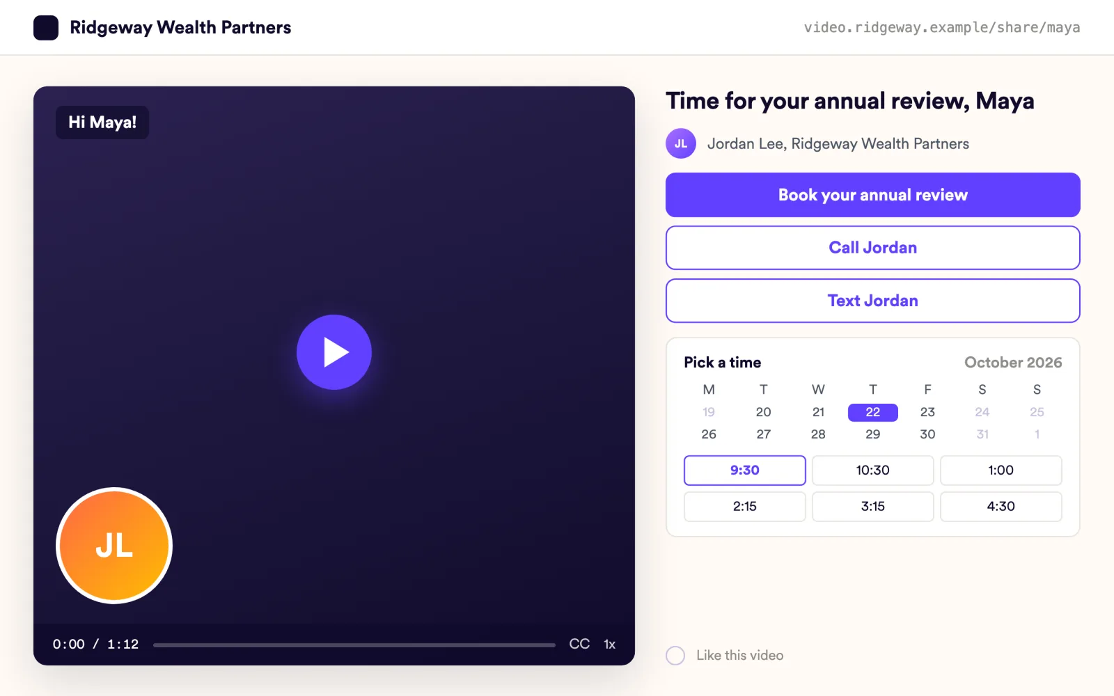 Ridgeway Wealth Partners video page for Maya with Book your annual review and an embedded calendar