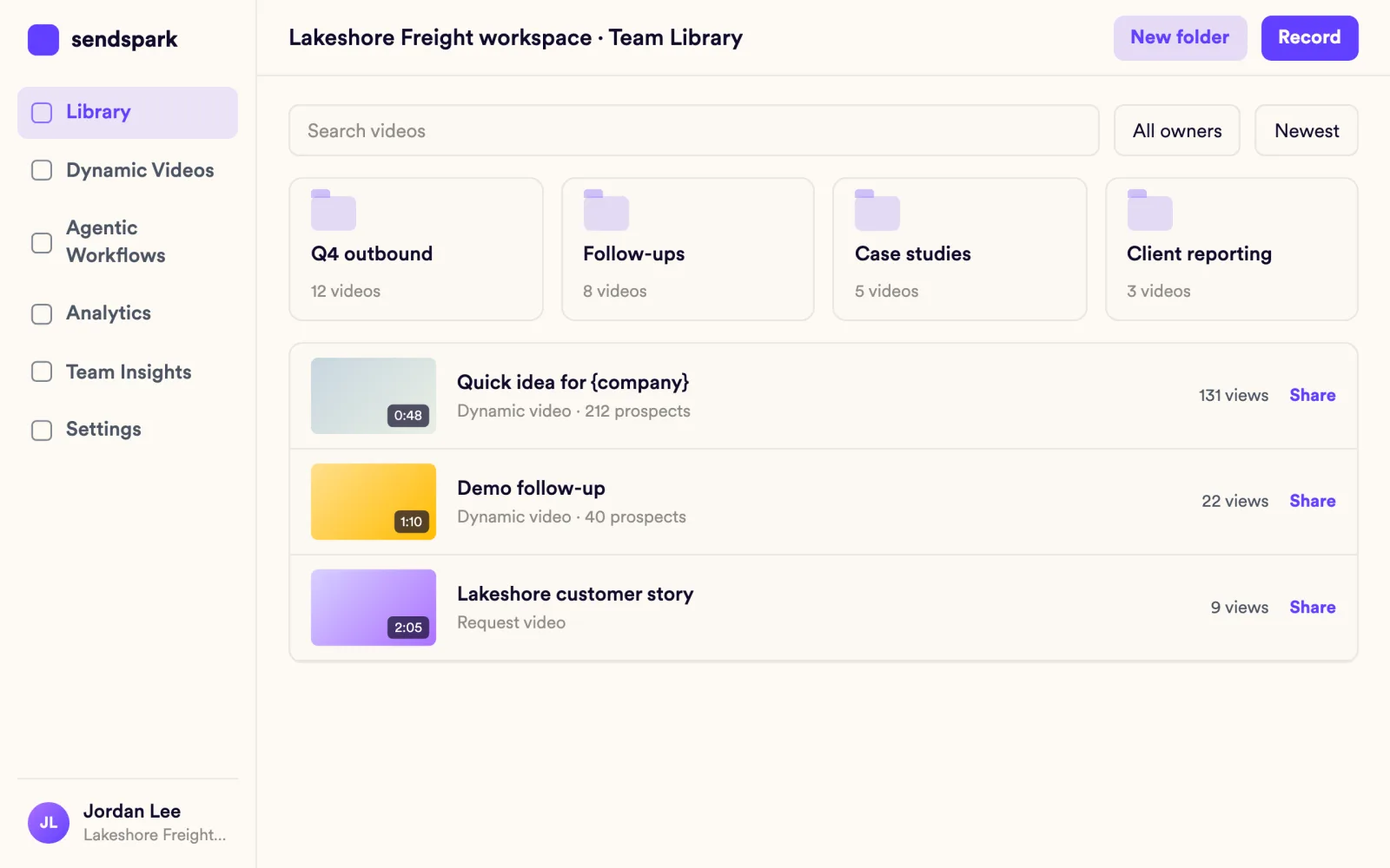 Lakeshore Freight workspace library with campaign folders and that client's videos only