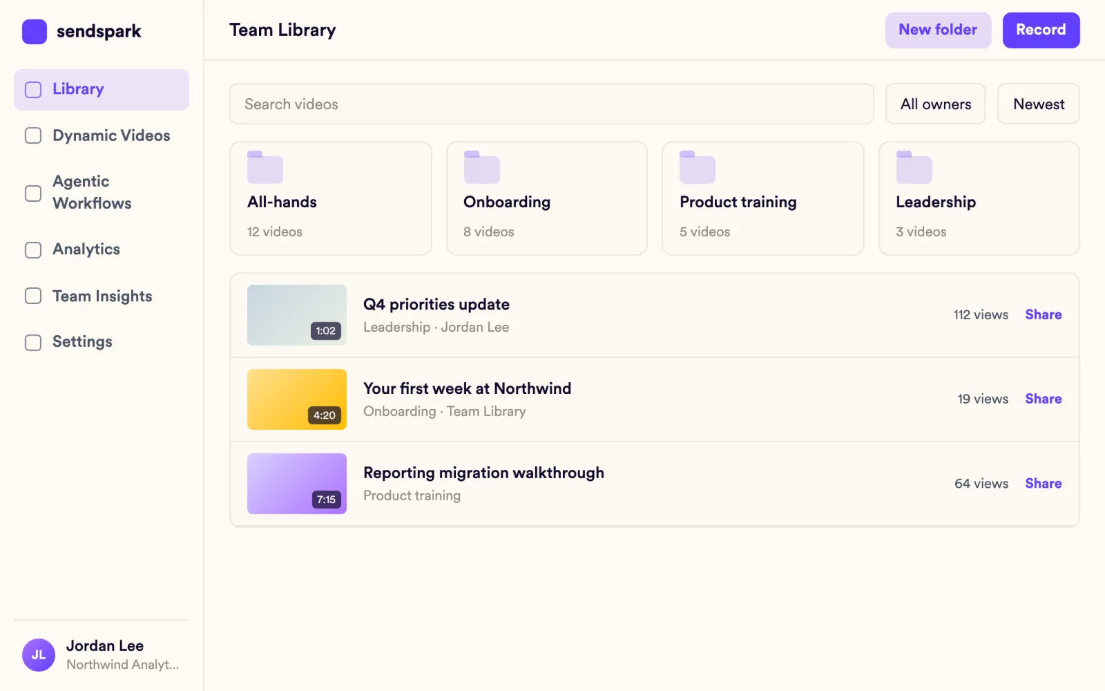 Team library with folders for All-hands, Onboarding, Product training and Leadership
