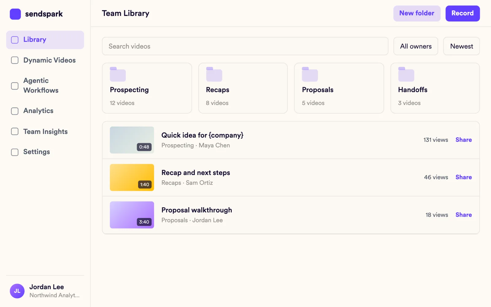 Team library with Prospecting, Recaps, Proposals and Handoffs folders and videos owned by different reps