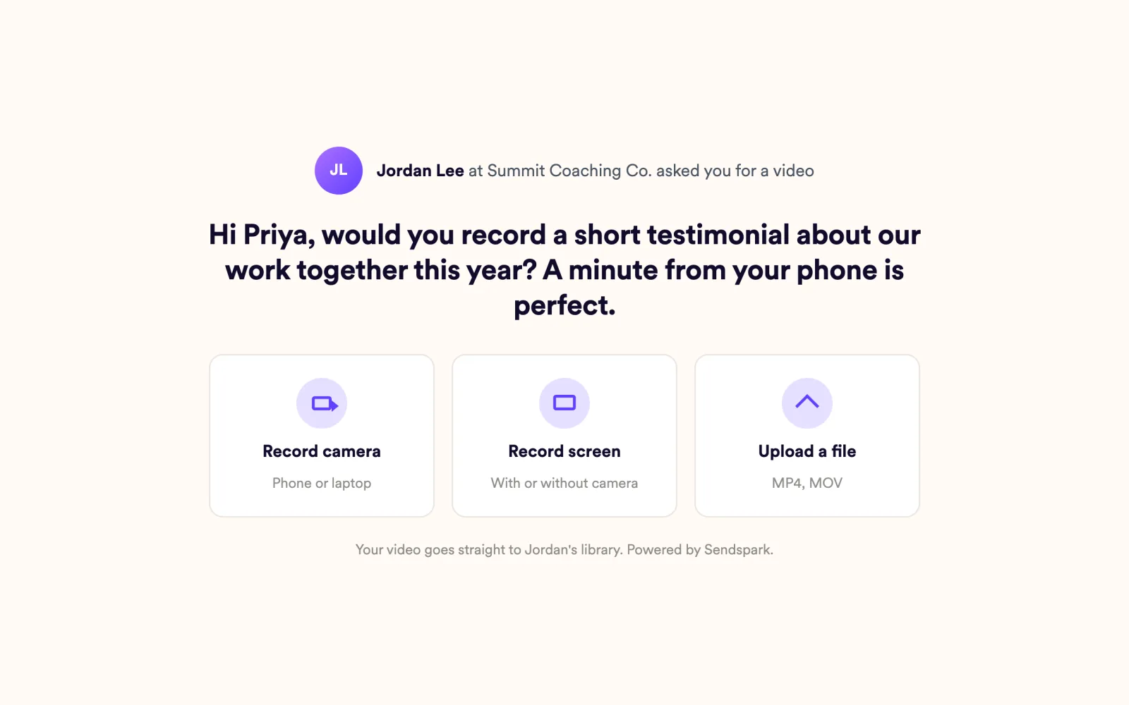 Request page from Summit Coaching Co. asking Priya to record a short testimonial