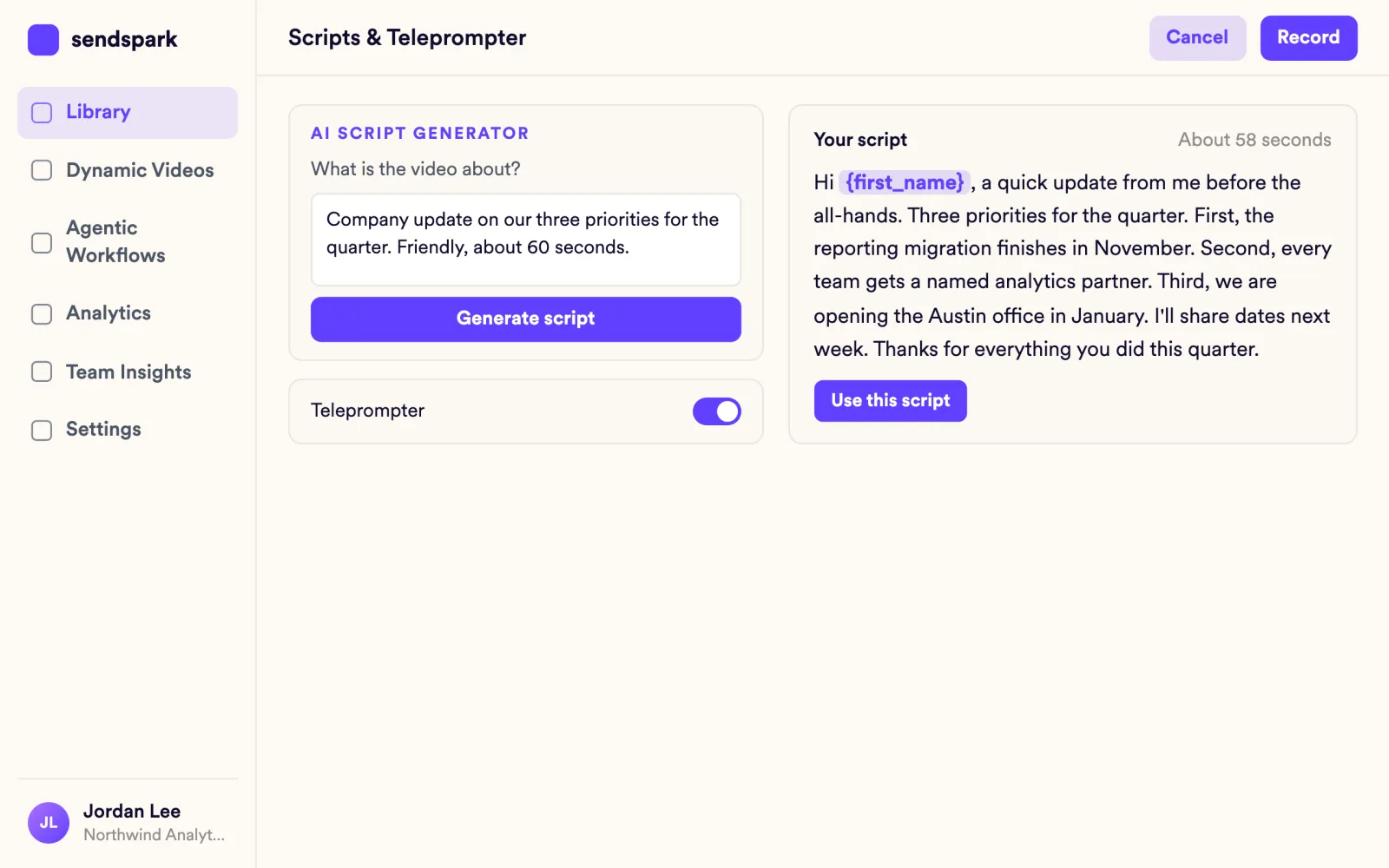 AI script generator drafting a company update, with the teleprompter switched on