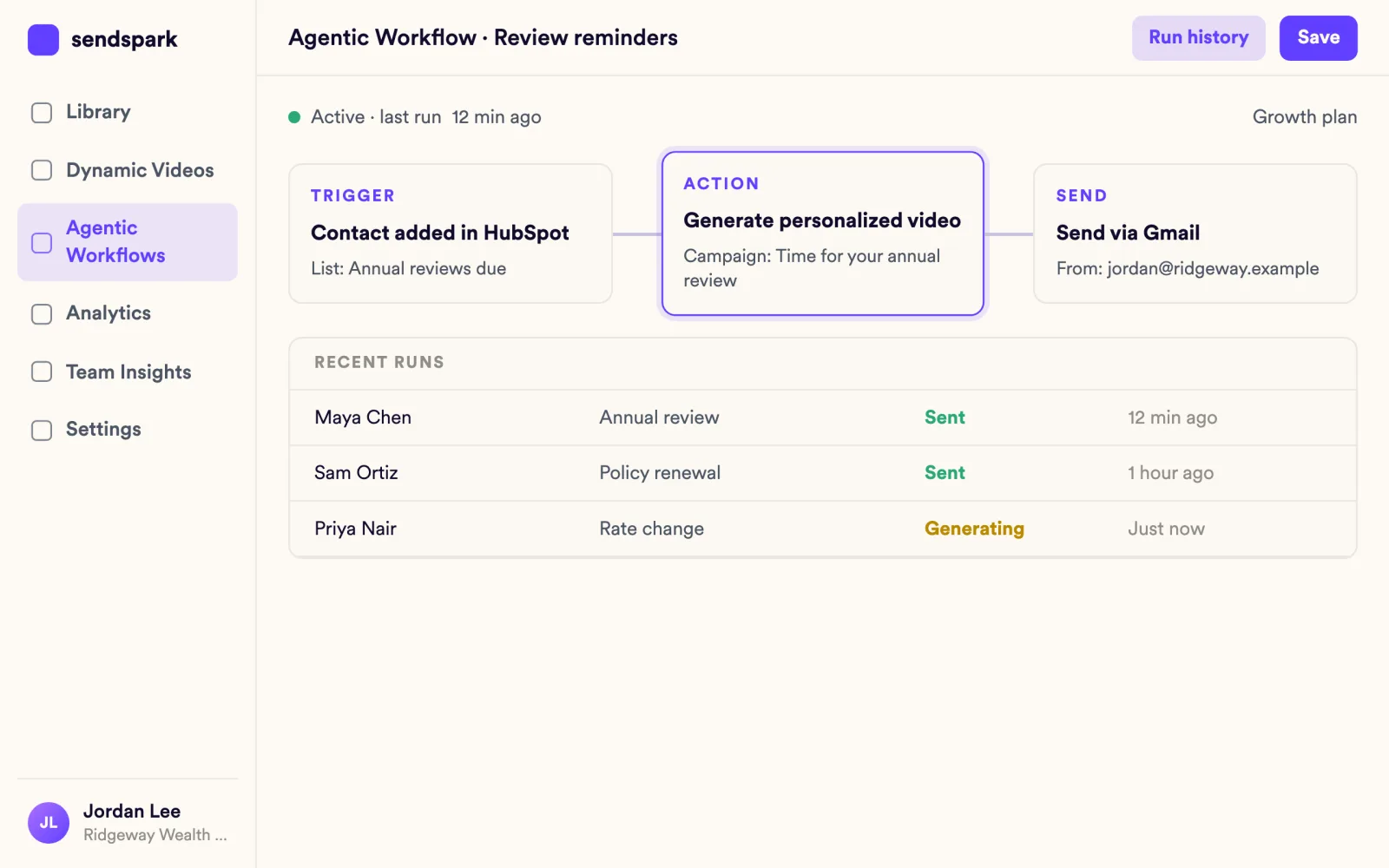 Agentic workflow from a HubSpot contact to a personalized review video to a send step in Gmail