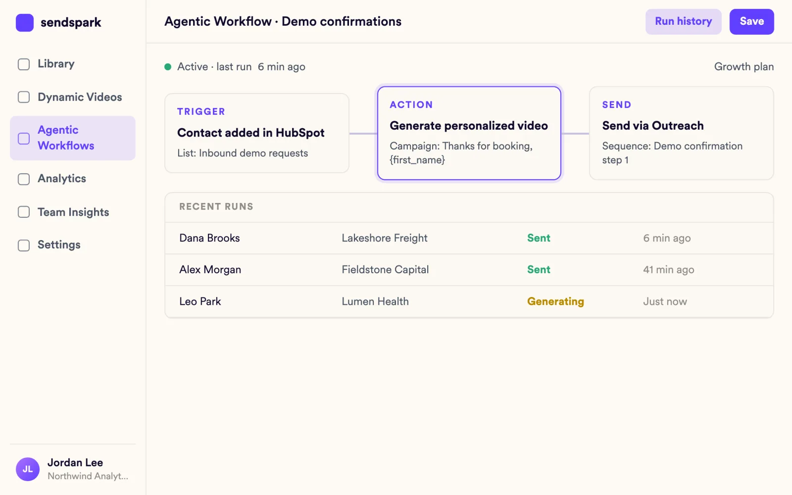 Agentic workflow from a HubSpot contact to a personalized video to a send step in Outreach, with recent runs