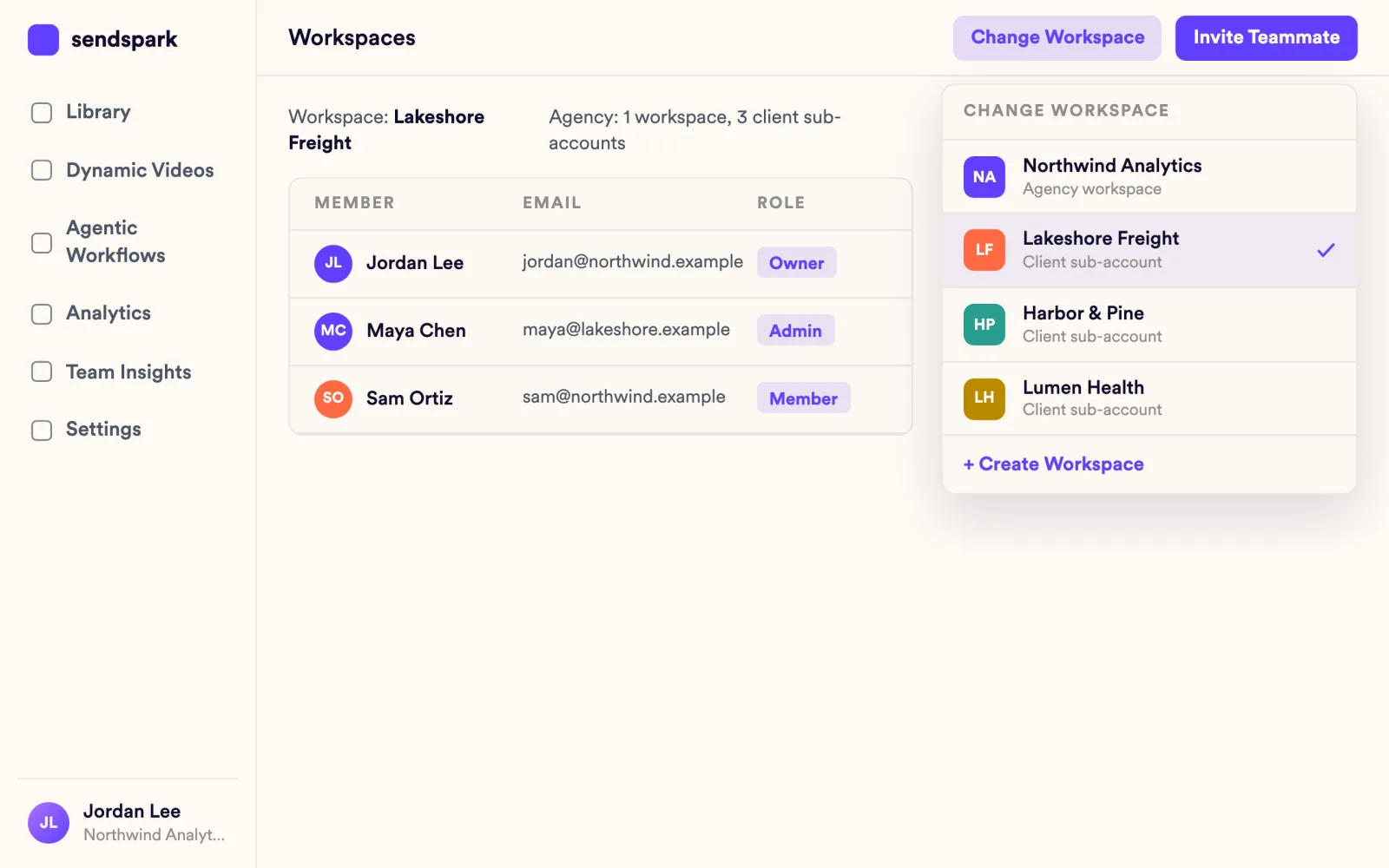 Change Workspace menu listing the agency workspace and three client sub-accounts, with Create Workspace