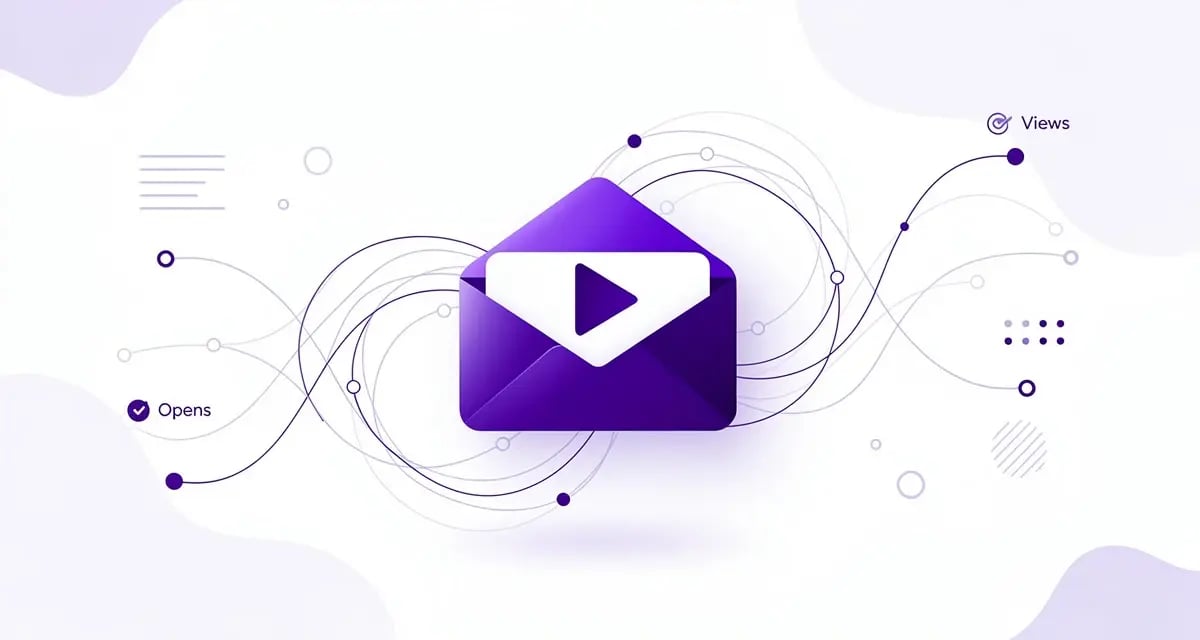 Email envelope merging into a video play button with engagement metric lines, representing video email marketing performance