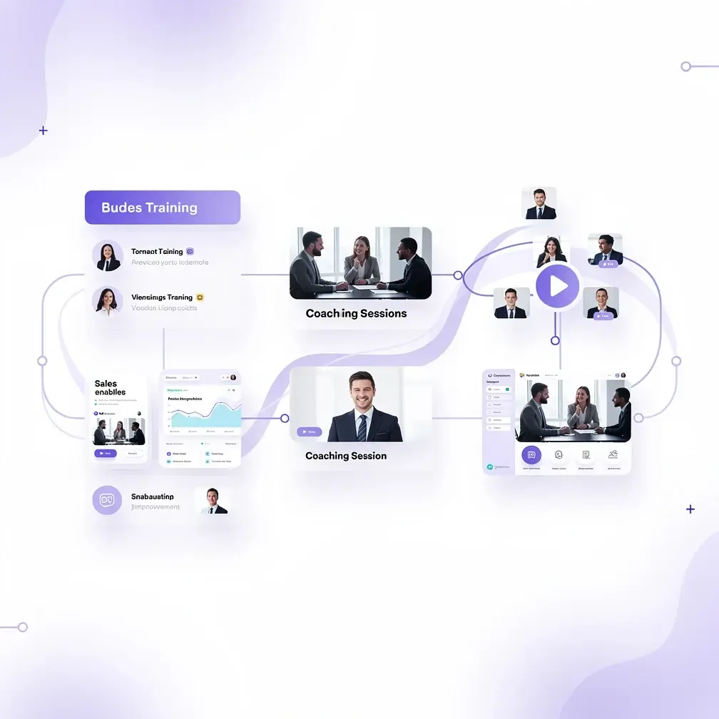 B2B sales enablement visualization showing video training, coaching, and deal progression workflow with purple accent design